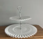 VINTAGE FENTON? MILK GLASS WHITE SILVER 2 TIER TIDBIT SERVING TRAY DISH
