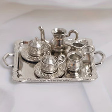 MINIATURES TEA SET-10pcs 1/12 Scale Miniature Silvery Tone Metal Tea Pot  Tray