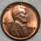 Brilliant Uncirculated 1913-P Lincoln Cent, Blazing, Nearly Full-Red specimen.