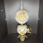 Uranium Milk Glass Hand Painted Floral Hurricane Gwtw Lamp Antique Vtg Low Glow