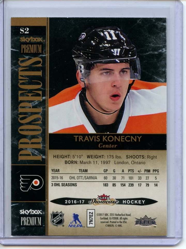 2016-17 Fleer Showcase Hockey Skybox Premium Prospects Travis Konecny #497/499 - Image 2 of 2