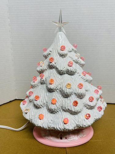 Pink/White Ceramic Tree , Scene On Bottom , 9 In Tall Without Star, Pink Base