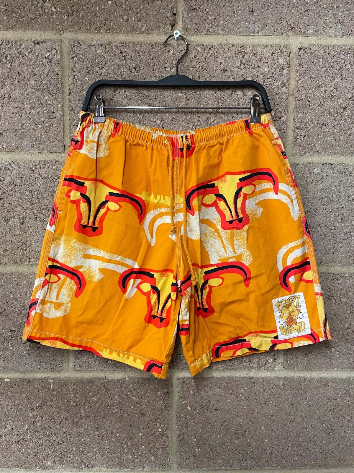Mambo Loud Shorts Men's Size M (34) Orange Bull Print Vintage 90s Swim Shorts