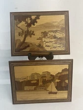 Wood Inlay Art Italy Picture Wall Hanging Marquetry Milan Sailboat Villa SET 2
