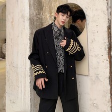 Herren Schwarze Blazer Jacke Mantel Doppelreihig Stickerei Loose Gothic Top