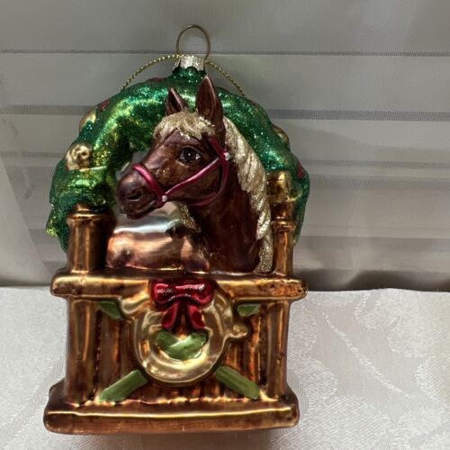 Vieux Monde Noël brun doré cheval en verre étable onament - Photo 1 sur 6