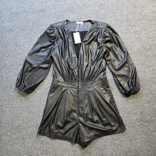 Ramy Brook Romper Womens Size 8 Black Vegan Leather Ines Puff Sleeve Cocktail