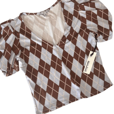 Haute Monde Brown and Light Blue Argyle Plaid Print Crop Top Size Medium NWT