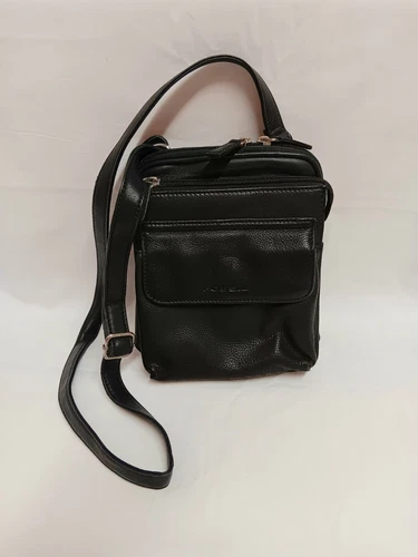 Vintage Fossil Black Pebble Leather Square Crossbody Messenger Bag Purse
