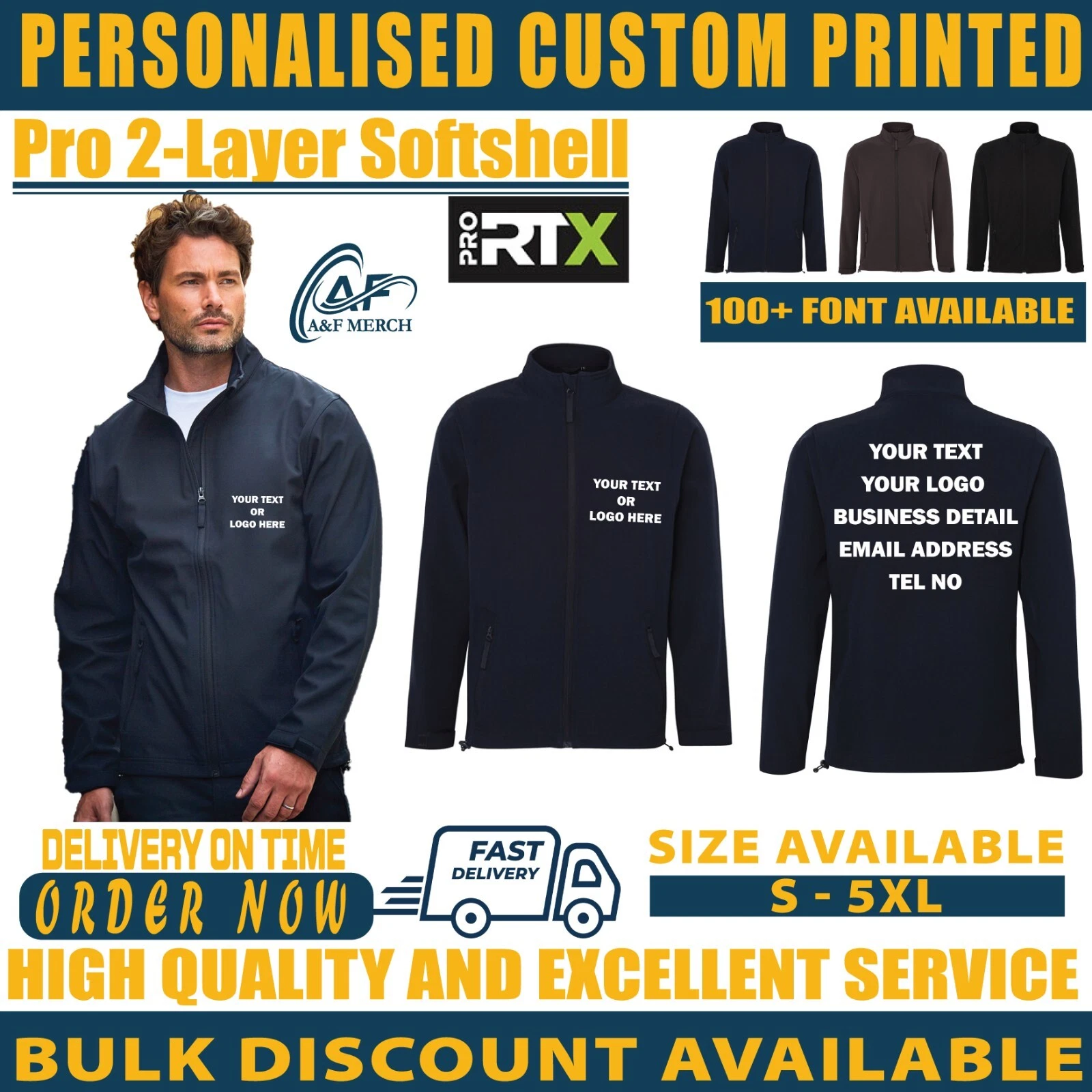 Personalised Custom Pro RTX Pro 2-Layer Full Zip Softshell Jacket Coat RX500