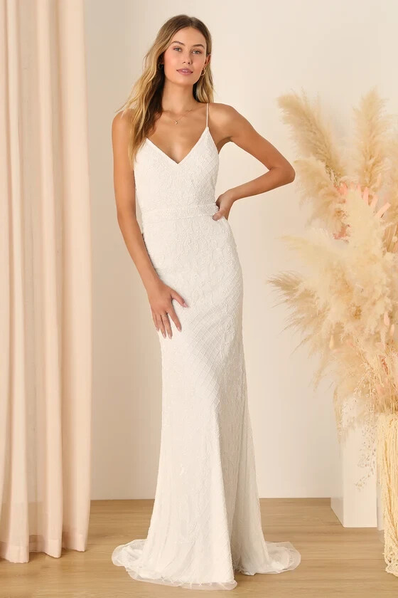 Lulu's Cherished Vow White Beaded Backless Mermaid Maxi Dress, Medium, brand new