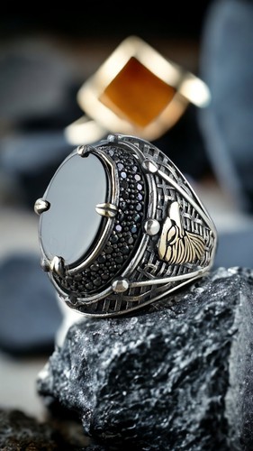 Handmade Sterling Silver Straight Onyx Natural Gemstone Rare Silver Ring - Picture 5 of 7