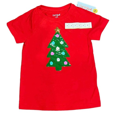 Cat & Jack Girls TEE Med 6/6x T-Shirt Flip Sequin Tree Holiday Christmas Top - Picture 3 of 9
