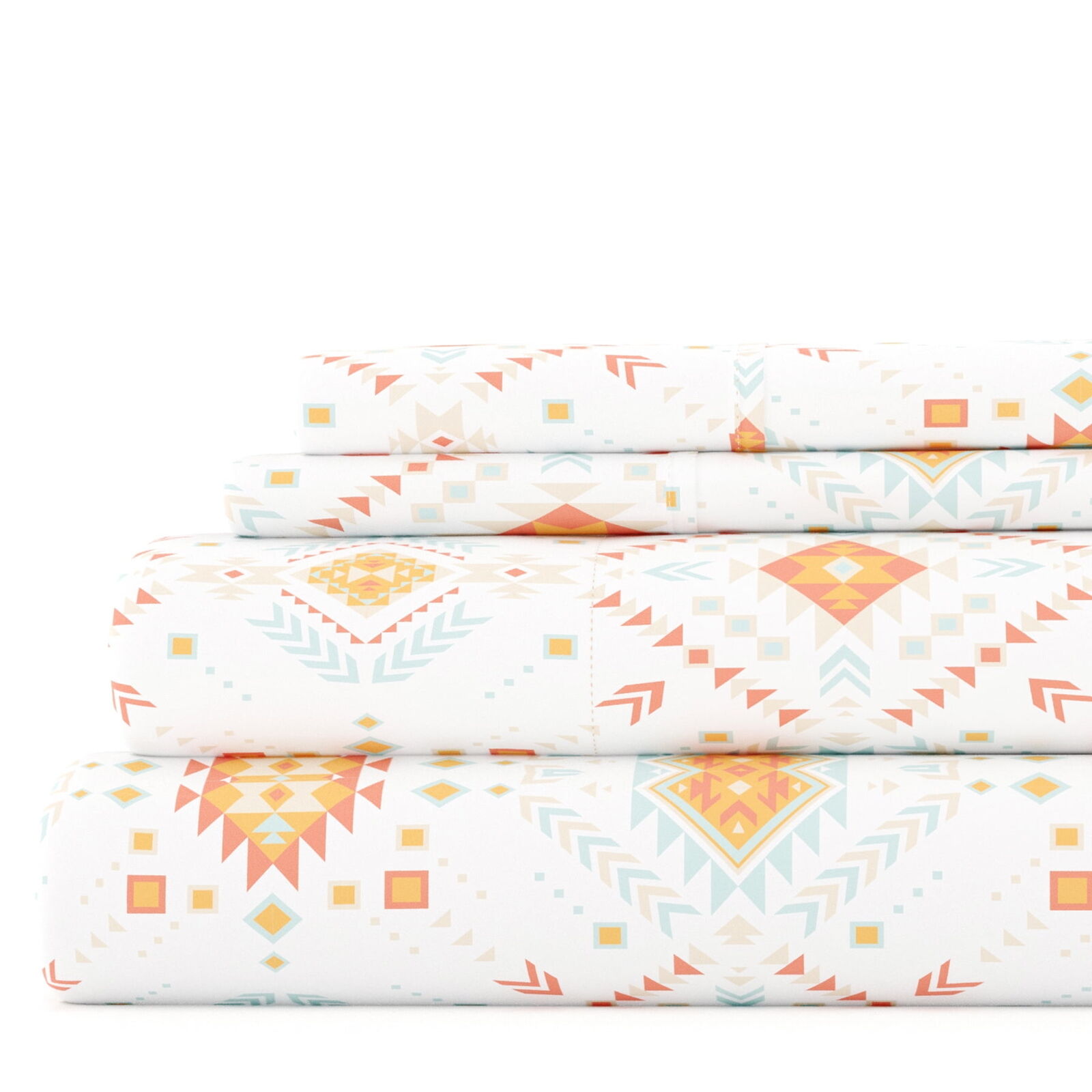4 Piece Pattern Microfiber Bed Sheets Set, Coral Aztec Dreams, Twin