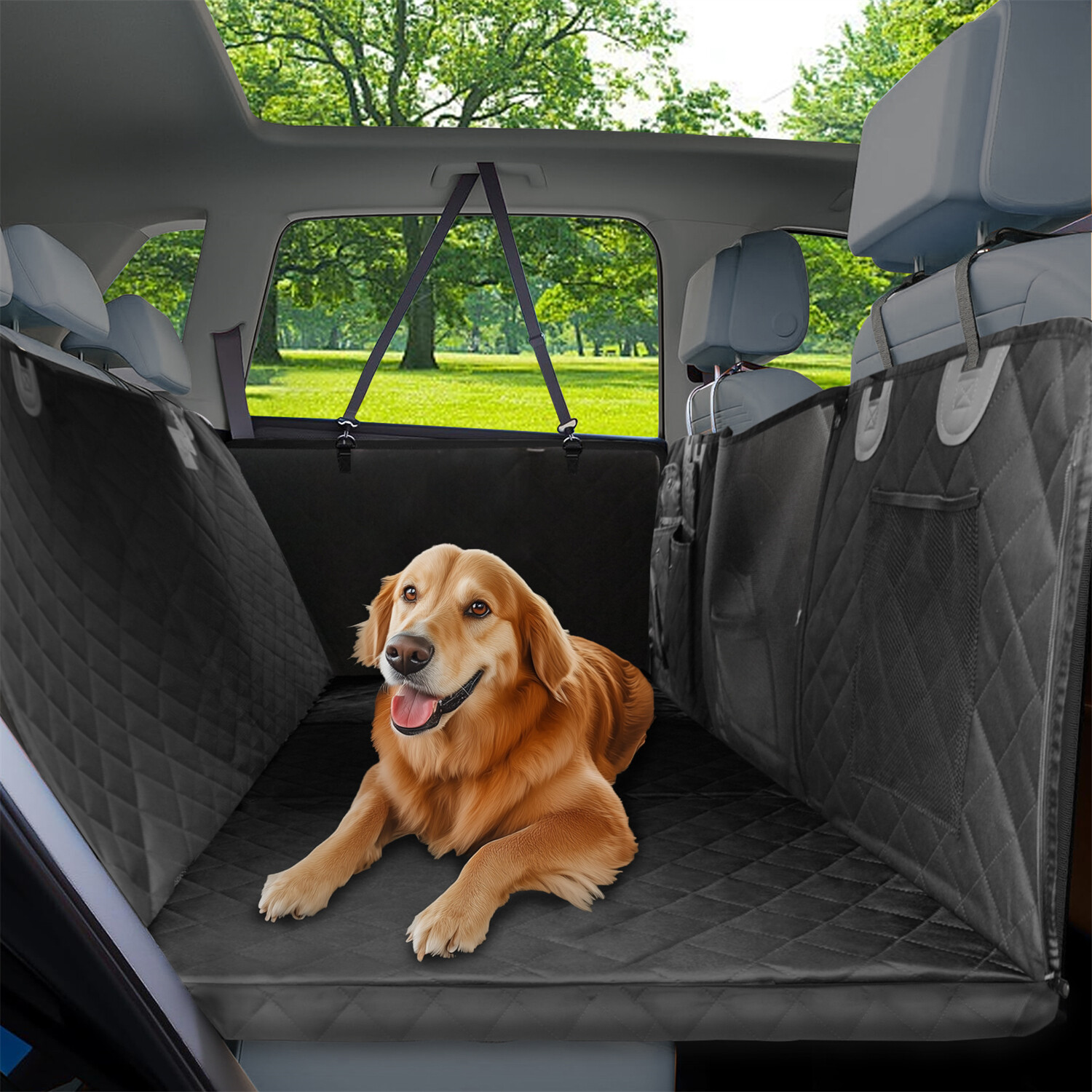 Black Dog Seat Cover for Back Seat Waterproof Pet Back Seat Extender with Pocket