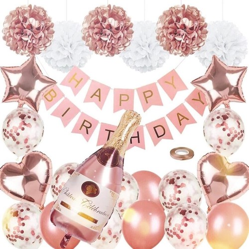 Globos de confeti pancarta de fiesta de feliz cumpleaños oro rosa decoraciones - Imagen 4 de 5