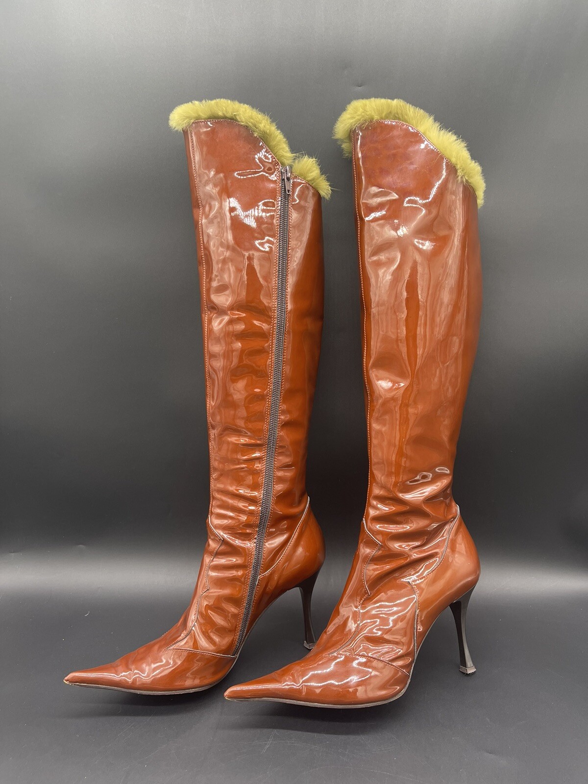 $995 Giancarlo Paoli Henna Brown Patent Leather Boots With Green Fur Sz 39 Tall