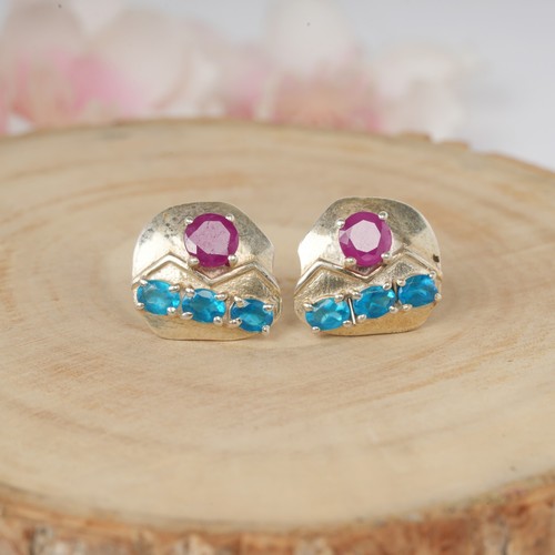 Natural Ruby And Apatite Gemstone Studs Sterling Silver Sunrise Earrings Gifts - Picture 5 of 7