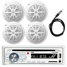 Pyle PLCDBT65 Bluetooth AM/FM Radio Stereo, 4x 6.5" Boat White Speakers, Antenna