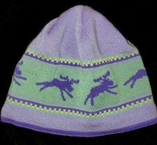 girls PURPLE BLUE MOOSE design WINTER HAT ages 4 to 10 fleece lined WARM