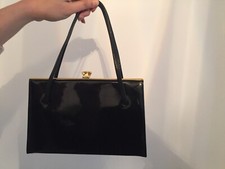 Rare Vintage Black Patent Real Leather Gold Debonair Ladies Handbag 1 Pocket Bag