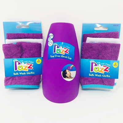 Razz Tub Time Fun Baby 2 Packs of Bath Wash Cloths with One Rinse Cup Purple NWT