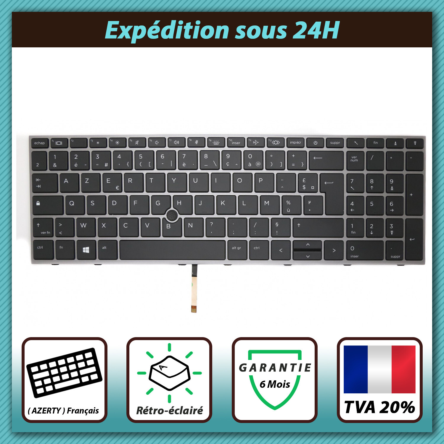 Clavier français AZERTY HP M04679-051 NSK-X11BC rétroéclairé pour PC portable