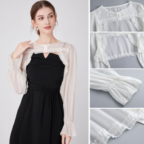 Women Sheer Bolero Cardigan Blouse Chiffon Cropped Shrug Shirt Ruffle Tops - Picture 5 of 8
