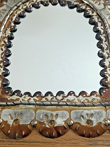 Handmade Punched Tin Arch Mirror Silver and Copper Color - Picture 4 of 5