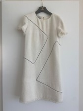 CHANEL White Shimmer Tweed Dress with Black Leather Trim SS2012 Runway Size FR38