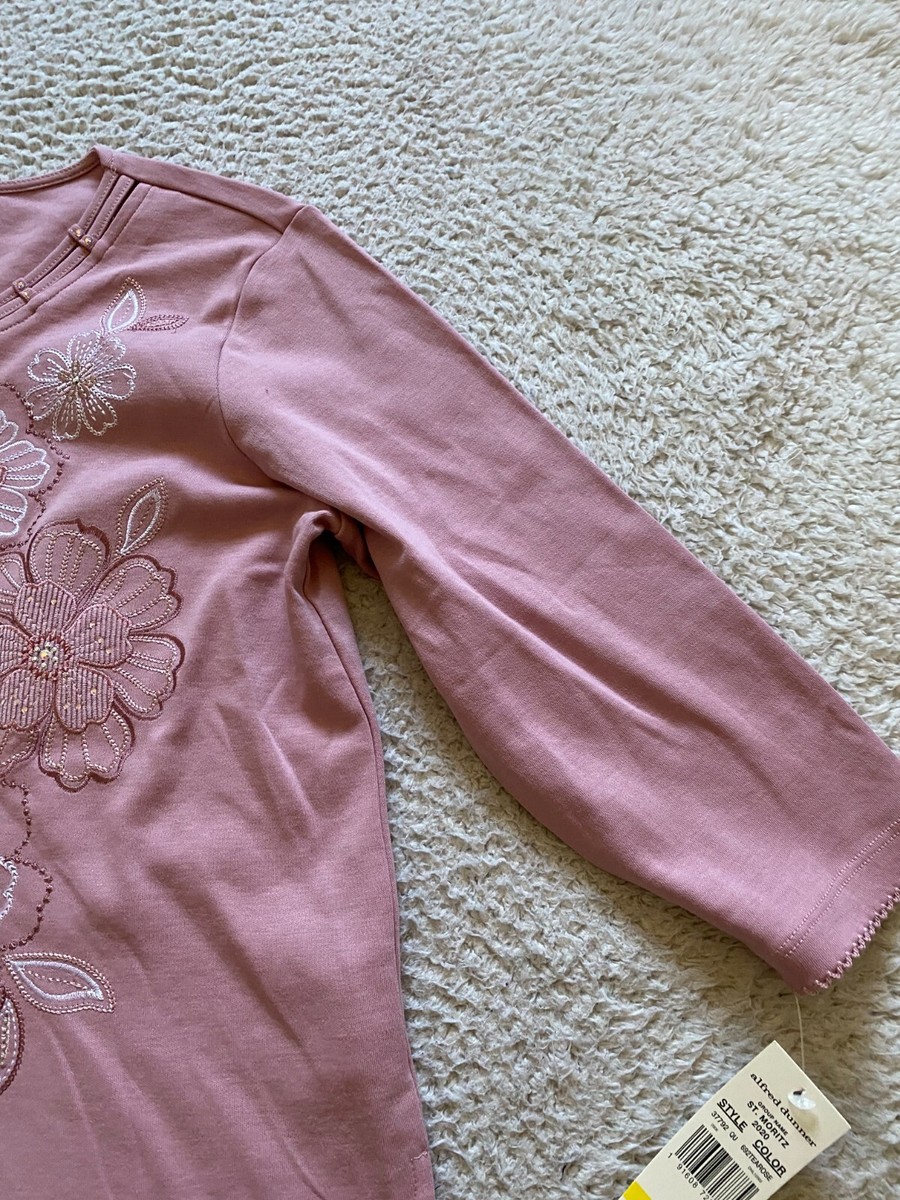 Alfred Dunner Women Floral Embroidered 3/4 Sleeve Blouse Tea Rose