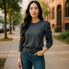 Montanaco Montana Clothing Co Cotton/Angora Gray Ruched Puff Sleeve Sweater Sz S