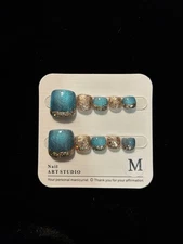 Handmade 10 Pc Press On Nails For Foot Blue Gold Glittering