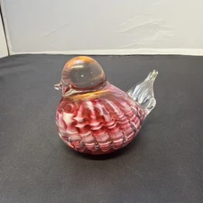 Vintage Joe St Clair Bird of Happiness Pink Marble Swirl Paperweight Art Glass