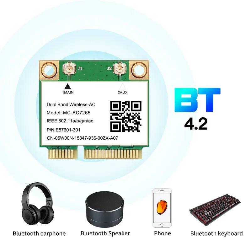 Wifi 5 1200Mbps Bluetooth 4.2 Half Mini PCI-E Wifi Card MC-AC7265 Wireless - Image 3 of 4
