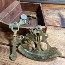 Nautical Brass Sextant With Wooden Box Navigational Instrument Marine Sextant