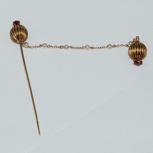 14k Yellow Gold Antique Lab Ruby Collar Bar Sweater Pin w/ Chain ~ 3" lg ~ 4.16g - Picture 8 of 13