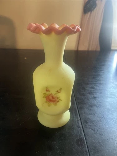 Fenton ? Glass Satin Vase UV Hand Painted Signed