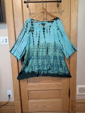 Citron Santa Monica Shirt Womens XL Blue Tie Dye Asymmetrical Boho Top Rayon 
