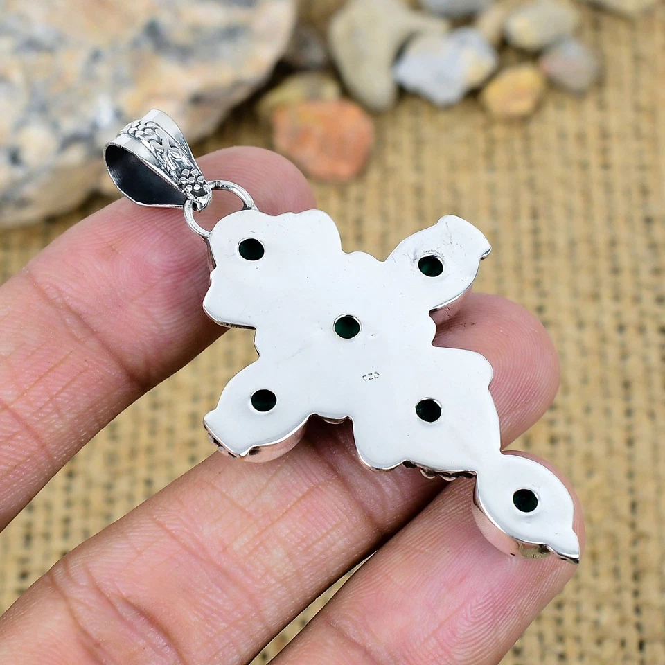 Malachite Gemstone 925 Solid Silver Handmade Jewelry Cross Pendant New Year Gift - Image 4 of 4