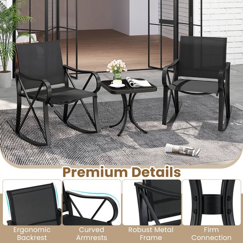 3 Piece Patio Rocking Set 2 Rocking Chairs w/ Tempered Glass Side Table Black - Picture 9 of 10