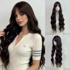 Women Long Fluffy Water Wave Wigs Curtain Bangs Synthetic Full Wig Cosplay Party