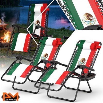 2x Foldable MX Flag Zero Gravity Lounge Chair w/Storage Tray&Cup Holder&Pillow
