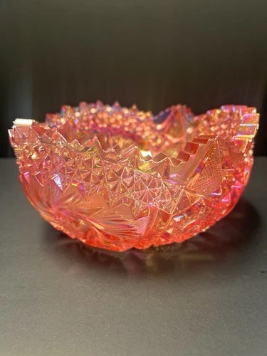Vintage Carnival Cut Glass Iridescent  Pink Comet In The Stars Saw Tooth Bowl