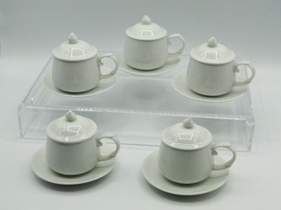 6 Three Piece Set of Seyei White China Chocolate Pot De Creme Cup/Lid/Saucer EUC