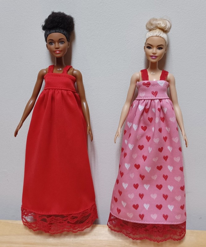 Barbie 11 1/2" Doll Clothing 2 nightgowns red and Pink Hearts Print