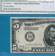 $5.00 1928-B CLEVELAND  DISTRICT REDEEMABLE IN GOLD CLAUSE CHOICE NEW