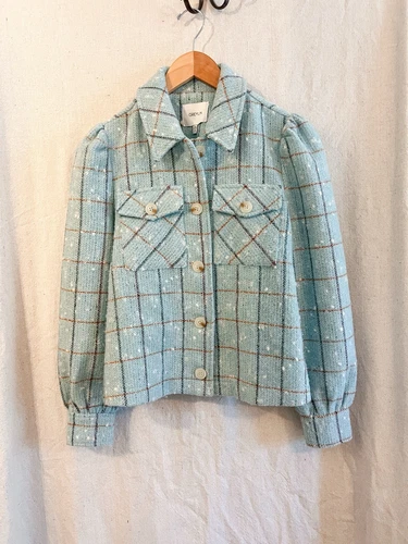 VETEMENTS Greylin Sammy Shacket manica a sbuffo blu polvere stampa quadri taglia XS abbigliamento da lavoro preppy