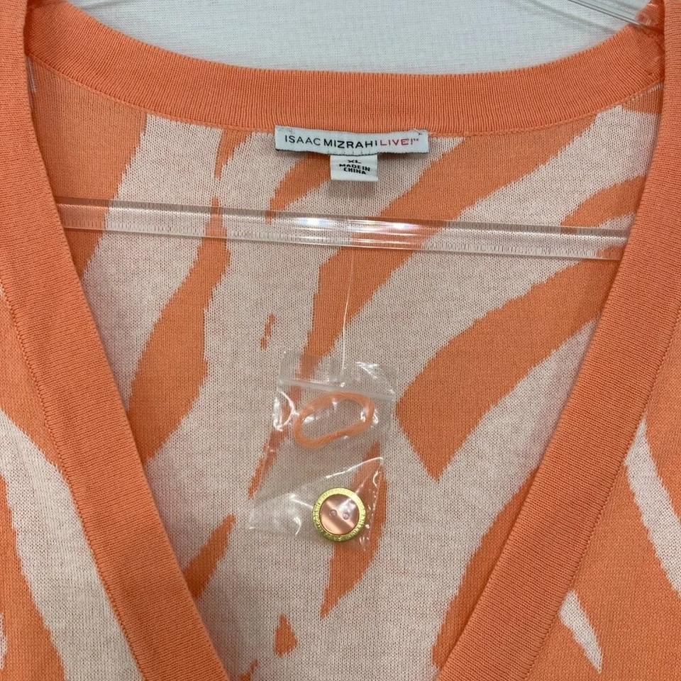 Cárdigan Isaac Mizrahi Talla XL Naranja Blanco Estampado de Hojas Tropicales Botón Preppy Foto 3 de 4