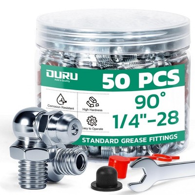 50PCS 1/4''-28 Grease Fittings Assortment, SAE Zerk Grease Fittings 90 Degree wit